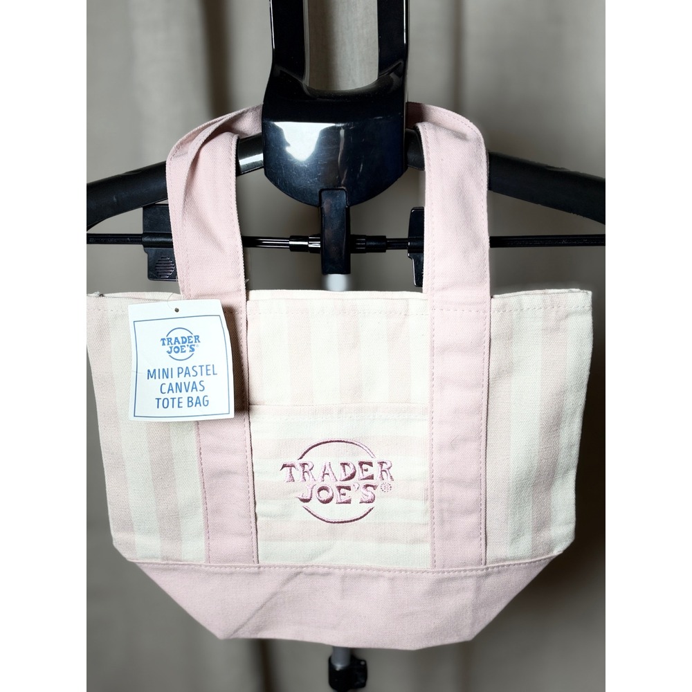 Trader Joe's Mini Pastel Canvas Tote Bag Pink Striped Limited Edition 2026 NWT